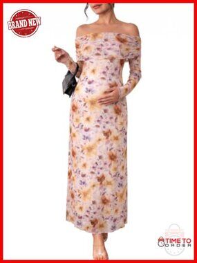Off Shoulder Long Sleeve Maternity Midi Dress Mesh Floral